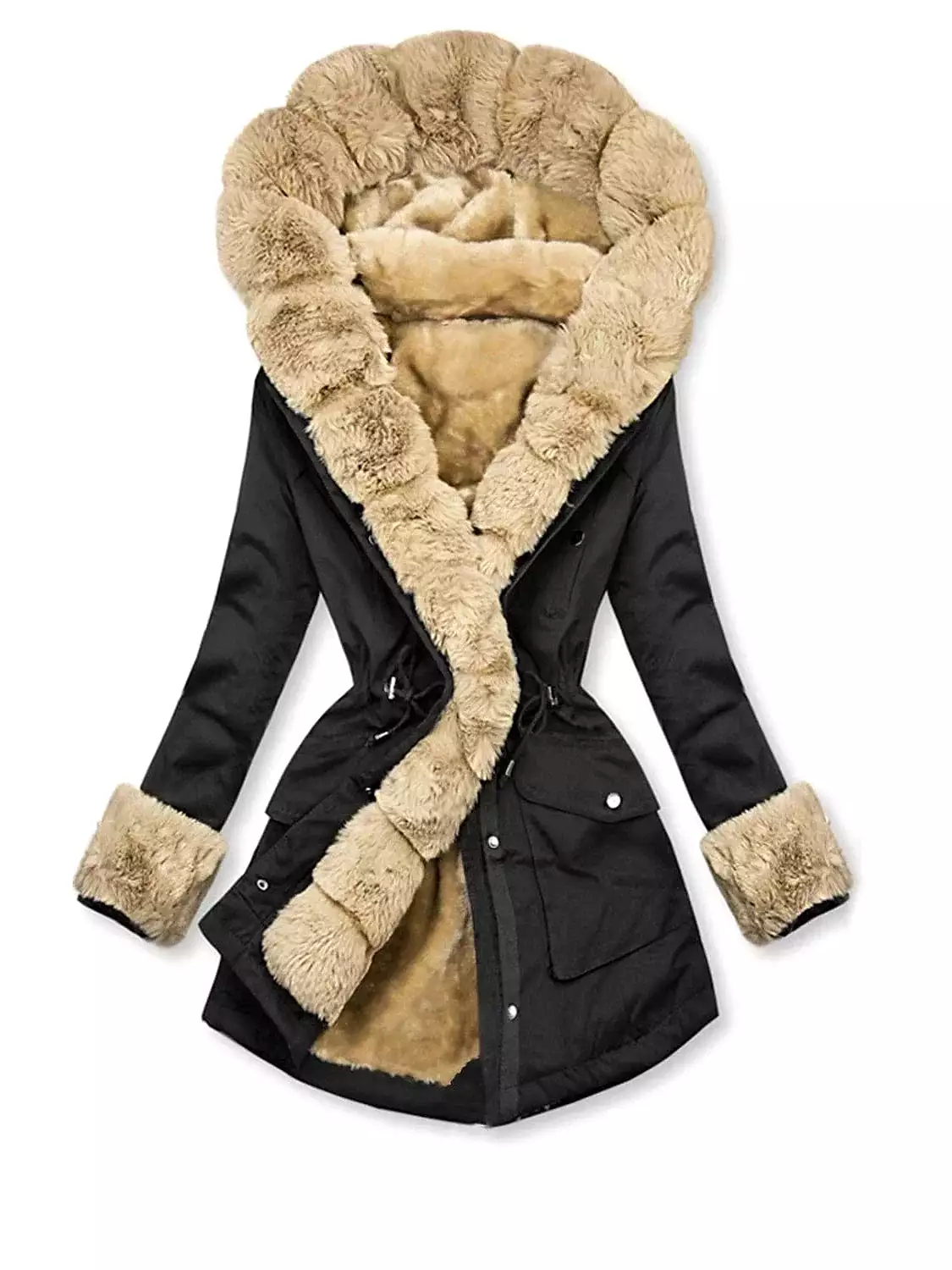 Women's Windproof Hooded Winter Jacket with Detachable Faux-Fur Trim and Insulated Pockets